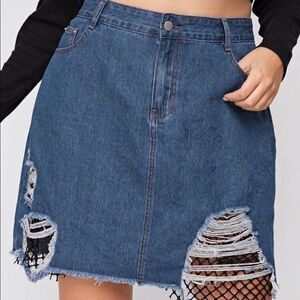 Distressed Fishnet Denim Skirt